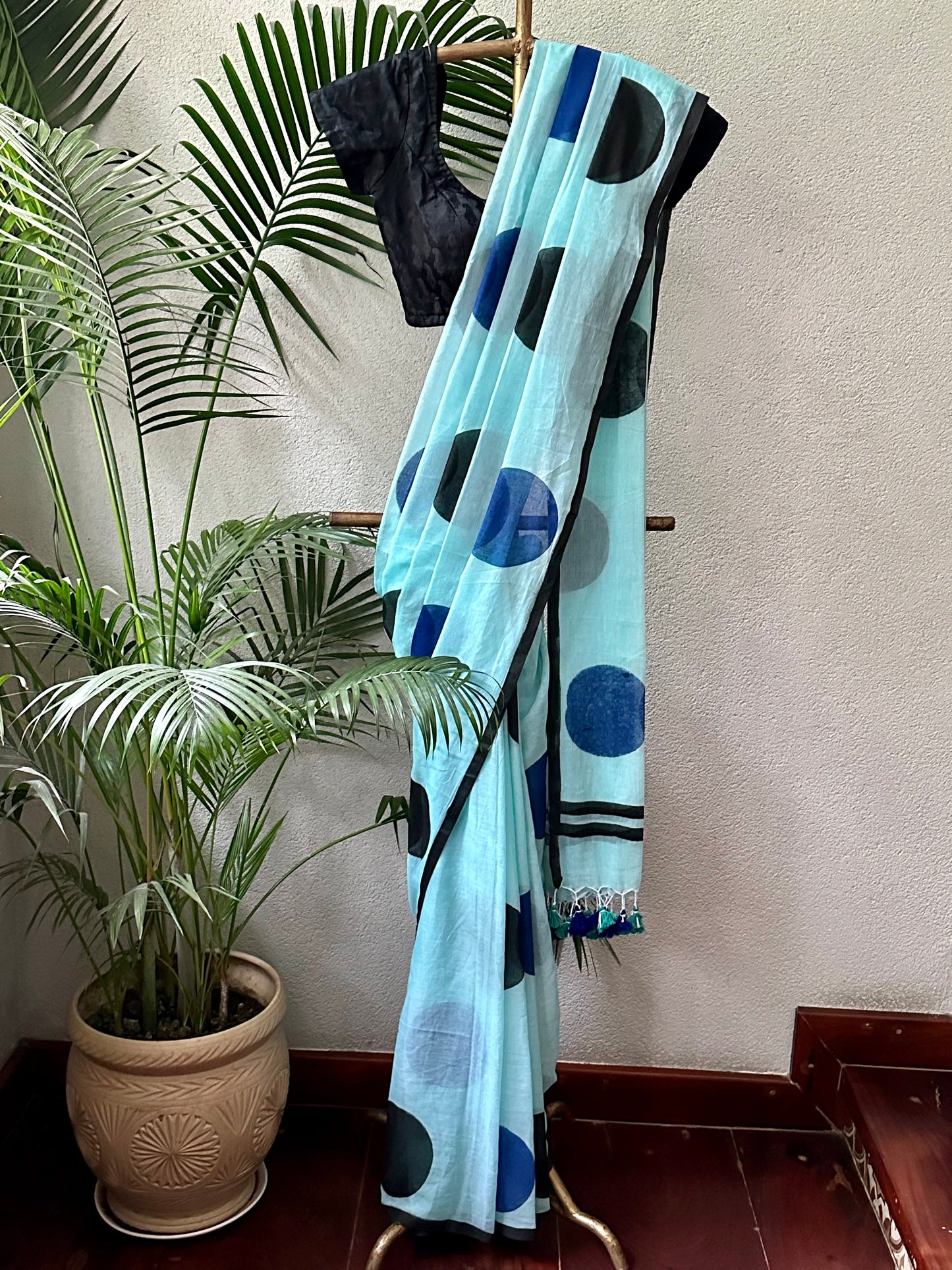 BLUE BLACK MUL COTTON SAREE