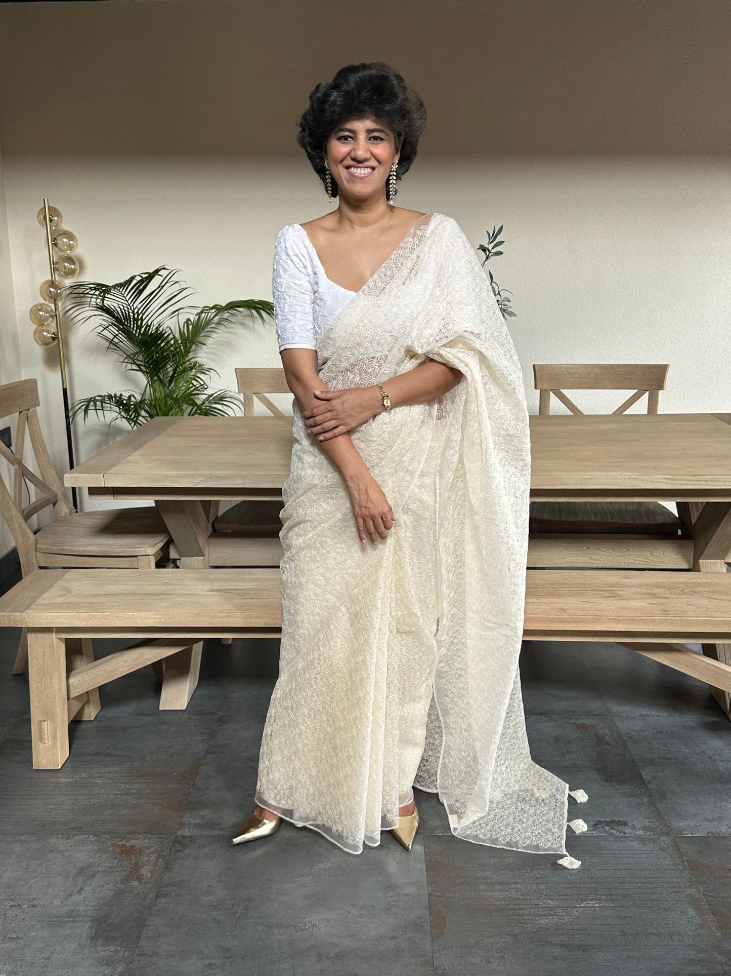 RITA RANI  - CREAM SILK ORGANZA SAREE