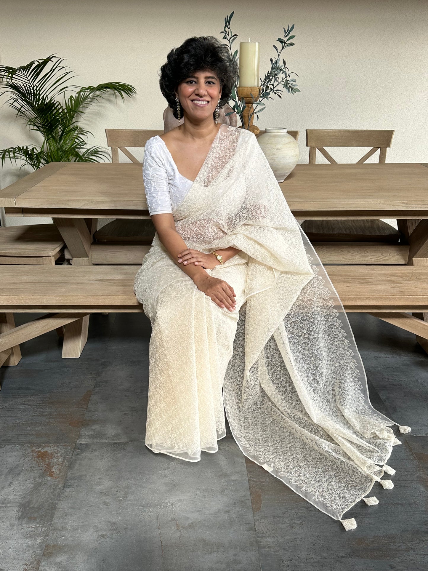 RITA RANI  - CREAM SILK ORGANZA SAREE