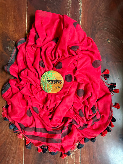 RED BLACK COLOUR TASSEL MUL COTTON SAREE
