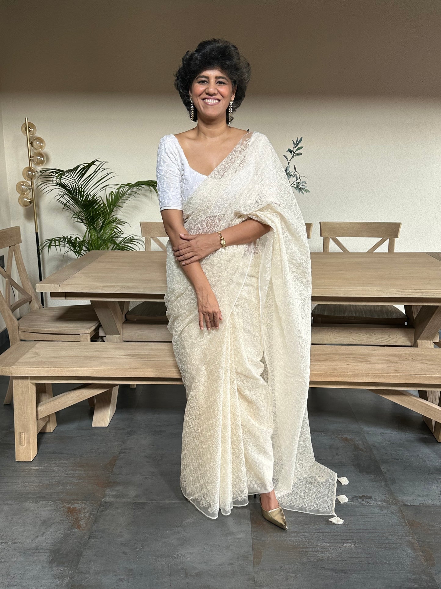 RITA RANI  - CREAM SILK ORGANZA SAREE